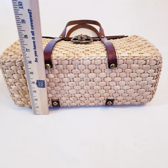 Etienne Aigner Vintage Woven Straw Double Handle Purse, Leather & Brass Details - Picture 9 of 16
